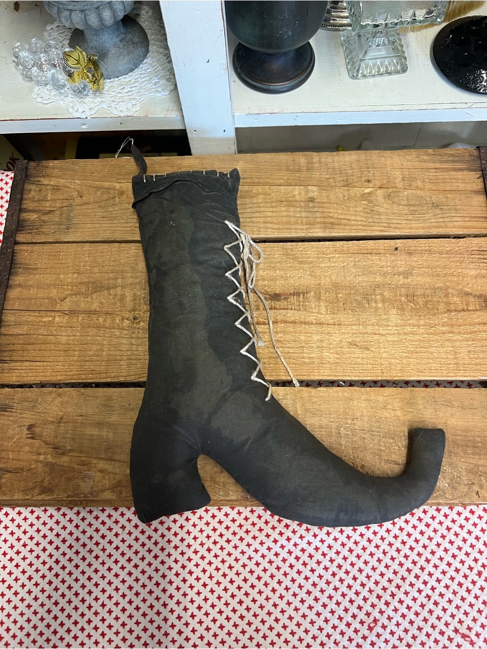 Primitive Halloween black witch boot decor fabric